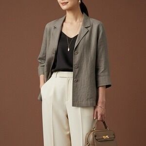EILEEN FISHER Women XL Linen 3/4 Sleeve Blazer Gray Button Front Jacket‎ Capsule
